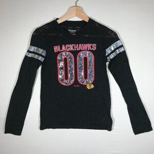 Reebok Girl's Large 14 Black V-Neck Semi Sheer Long Sleeve Chicago Blackhawk Top